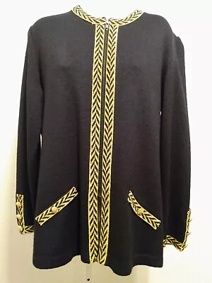 Mita Women Black Gold Tone Embroidered Full Zip Knit Evening Sweater Jacket Sz 8 • $29.99