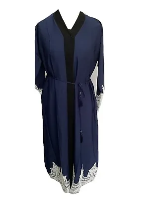 L13 Ladies Long Nida Open Lace Abaya Kimono Maxi Belt In Navy/White In Size 60 • £10
