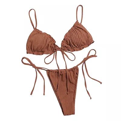 Swimwear Set Solid Color Lace-up Solid Color Backless Triangular Bikini Women • $22.67