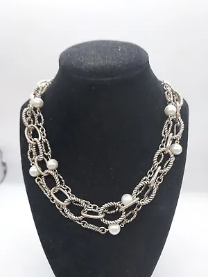 Vintage 3 Strand Faux Pearl & Silvertone Link Necklace 16  Long P-76 • $2