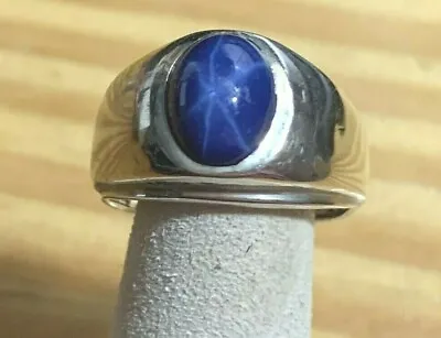 Vintage Men's 14k White Gold & Blue Created Star Sapphire Ring Size 7.75 • $419