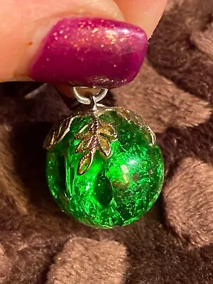 Vintage CRACKLE GLASS Green Ball Silver Tone Pendant CHARM 1  • $12