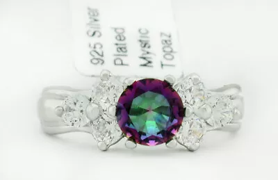 LAB MYSTIC TOPAZ 0.85 Cts & WHITE SAPPHIRES RING SILVER PLATED NWT Size 6 • $19.99
