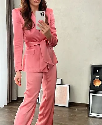 Bnwt Zara Pink Satin Blazer With Tie Detail & Straight Fit Trousers Suit Size S • $198.94