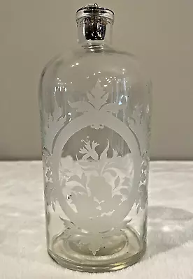 Lovely Vintage Etched Bottle With Metal-Capped Cork Stopper - 8.5” Tall • $14