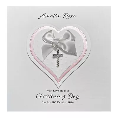 Handmade PERSONALISED Christening Card - Diamanté Cross Charm Heart Girl • £8.85