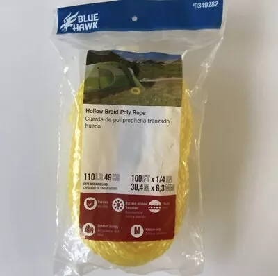 Blue Hawk 100’ X 1/4” Yellow Hollow Nylon Rope Safe Working Load 110 LBS NEW • $12.99