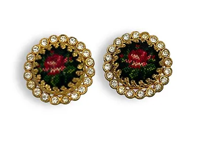 Vintage Austrian Crystal Round Needlepoint Floral Earrings Signed Austria • $29.99