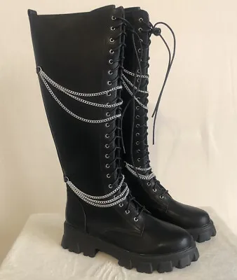 N.Y.L.A. Black Knee High Chain Boots Size 10 Punk Goth Grunge DollsKill Academia • $88