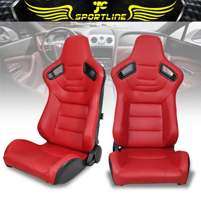 Universal Reclinable Racing Seats 2PC Double Sliders Red PU Carbon Leather • $349.99