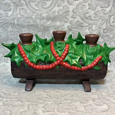 Vintage Atlantic Mold Ceramic Christmas Yule Log Candle Holder Holly Red Berries • $19.99
