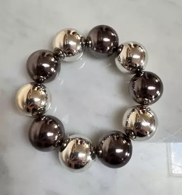 Vintage Shiny Chunky Beaded Elastic Bracelet Silver & Dark Silver Round 20mm • $12