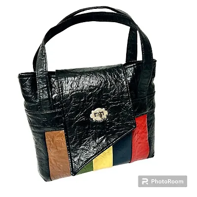 Vtg 60’s MoD Black Vinyl Hand Bag Multi-Color Block Stripe HIPPIE Flap Purse • $69.99