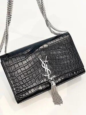 Saint Laurent YSL Kate Tassel Bag In Black Croc Embossed Leather - Small • £895