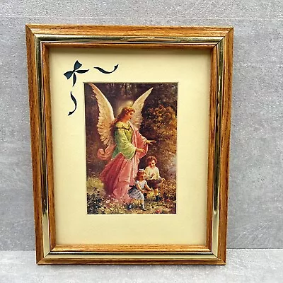 Vintage Guardian Angel Art Print Matted Framed Wall Decor 11x9 Inch • $15.61