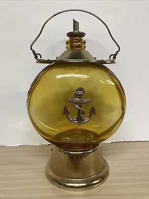 Vintage Amber Glass Decanter Navy Anchor Lantern Style Music Box Bottle  • $34