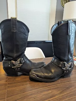 Vintage Texas Black Leather Silver Eagle Harness Belted Biker Boots Size 9  Moto • $65