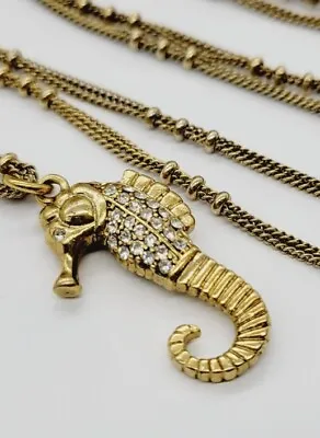 Vintage J. Crew SEAHORSE Pendant On Gold Tone Chain Necklace 27  Crystal Accent • $54.21