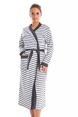 Women Cotton Striped Dressing Gown Soft Pocket Long Sleeve Robe Grey Pink Black • £14.95