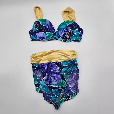 Vintage DeWeese Bikini Women's Size 10 High Cut 90's Bathing Suit Gold Blue VTG • $30