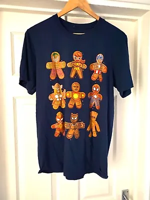 Mens Marvel T Shirt Size Medium Cotton Short Sleeves Navy Ginger Bread Men Used • £10