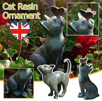 Cat Play Butterfly Statues Figurines Indoor Outdoor Garden Resin Craft Ornaments • £12.79