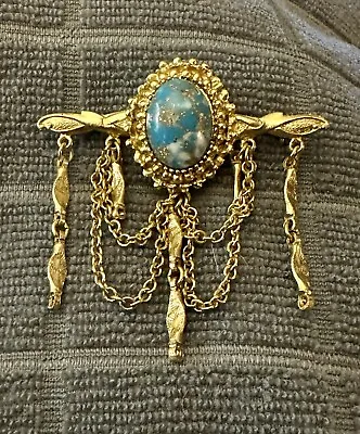 Vintage 70’s Gold Tone Turquoise Stone Victorian Dangle Brooch Pin • $14