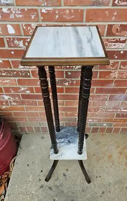 Vintage Walnut Plant Fern Stand Marble Top And Shelf  Pedestal Table • $199.99