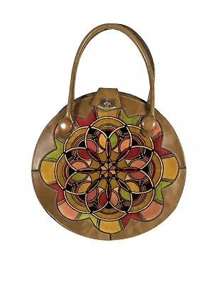 Vintage 70s Unique Retro Round Vinyl Handbag Stained Glass Velvet Carpet Purse • $20