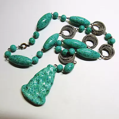 Vintage Deco 1930s Necklace 17  Czechoslovakia Czech Green Peking Glass Brass • $74.25