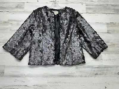H&M Womens Size 6 Long Metallic Faux Fur Crop Jacket 3/4 Sleeve Silver  Feather  • $27.99
