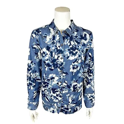 Isaac Mizrahi Women's TRUE DENIM Printed Floral Button Front Shirt Indigo Size 6 • $20