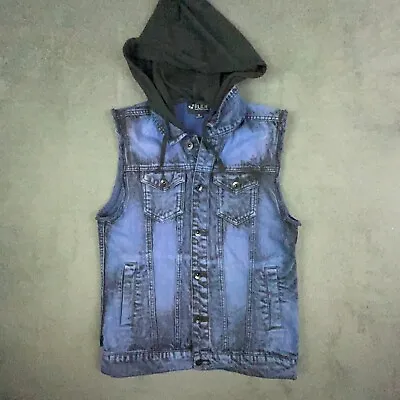 XXX Rude Vest Mens Small Blue Denim Sleeveless Hooded Punk Grunge Goth • $36.69