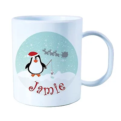 Personalised Penguin Plastic Mug CHildren's Christmas Gift Juice Cup Any Name • £10.99
