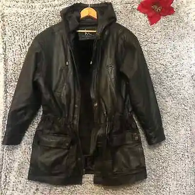 Vintage Men’s Leather Black Jacket With Hoodie Size Small • $58