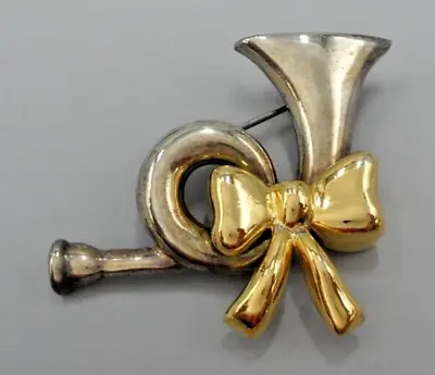 40s French Horn & Bow Brooch 2 Tone Trumpet Retro Christmas Holiday Jewelry Vtg • $22