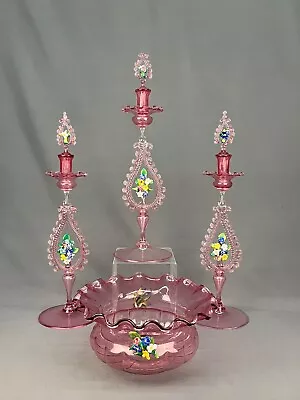 4 Pc Venetian Blown Glass Pink Console Set Bowl + 3 Candlesticks Circa 1900 • $1195