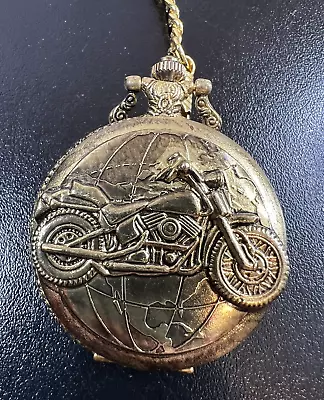 Motorcycle Pocket Watch Gold Tone With Chain Quartz Untested • $9.91