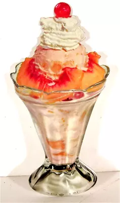 Peach ICE CREAM SUNDAE Die Cut DINER Soda Fountain Litho Sign NOS Vintage 1950s • $14.95