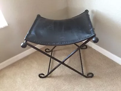 Vintage Antique Leather Saddle Hand Forged Wrought Iron Folding Bench Stool Rare • $449.99