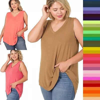 $11.95 • Buy 1X 2X 3X V-Neck Sleeveless Luxe Rayon Tank Top Soft Stretch Flowy Tunic Zenana