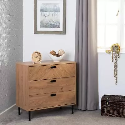 Leon 3 Drawer Chest Of Drawers Herringbone Medium Oak Bedroom Storage • £83.50