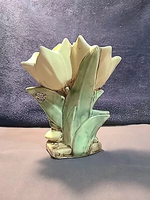 VINTAGE McCoy DOUBLE TULIP VASE IN YELLOW AND GREEN APPROX 8” • $35