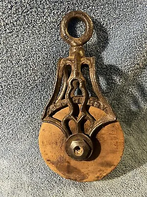 Antique  F.E. MYERS & BRO. Ashland Ohio 11  Ornate Swivel Pulley Iron/Wood (ii) • $59.99