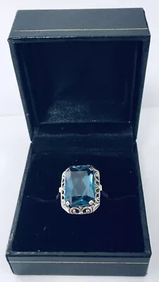 Estate Vintage Sterling Silver Man Made Blue Topaz Filigree Ring Sz8 • $69.99