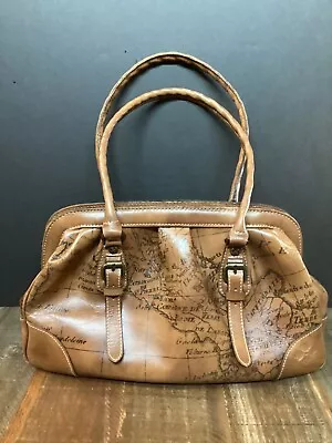 Patricia Nash Italian Brown Leather Signature Map Print Satchel Handbag Purse • $40