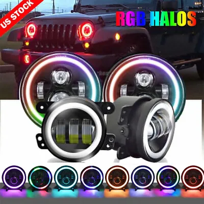 7  LED RGB Muti-Color Halo Headlights + 4  Fog Lights Combo For Jeep Wrangler JK • $68.76
