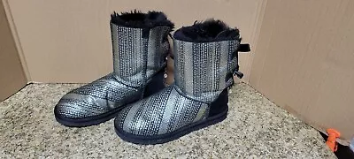 UGG Australia Bailey Bow Black & Silver Bling Boots 1004791 Size 8 • $39.99