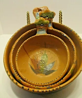 3 MEXICAN POTTERY OLD VINTAGE NESTING BOWLS W/ HANDLES - REDWARE CLAY Mexico • $25.39