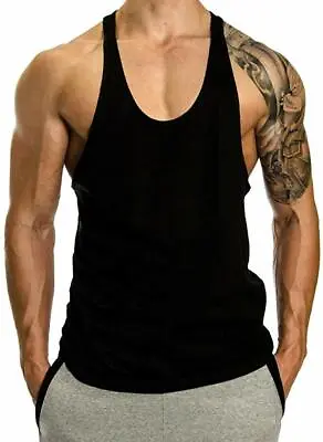 Mens Gym Vest Plain Stringer Bodybuilding Muscle Training Top Fitness Singlet • £7.99